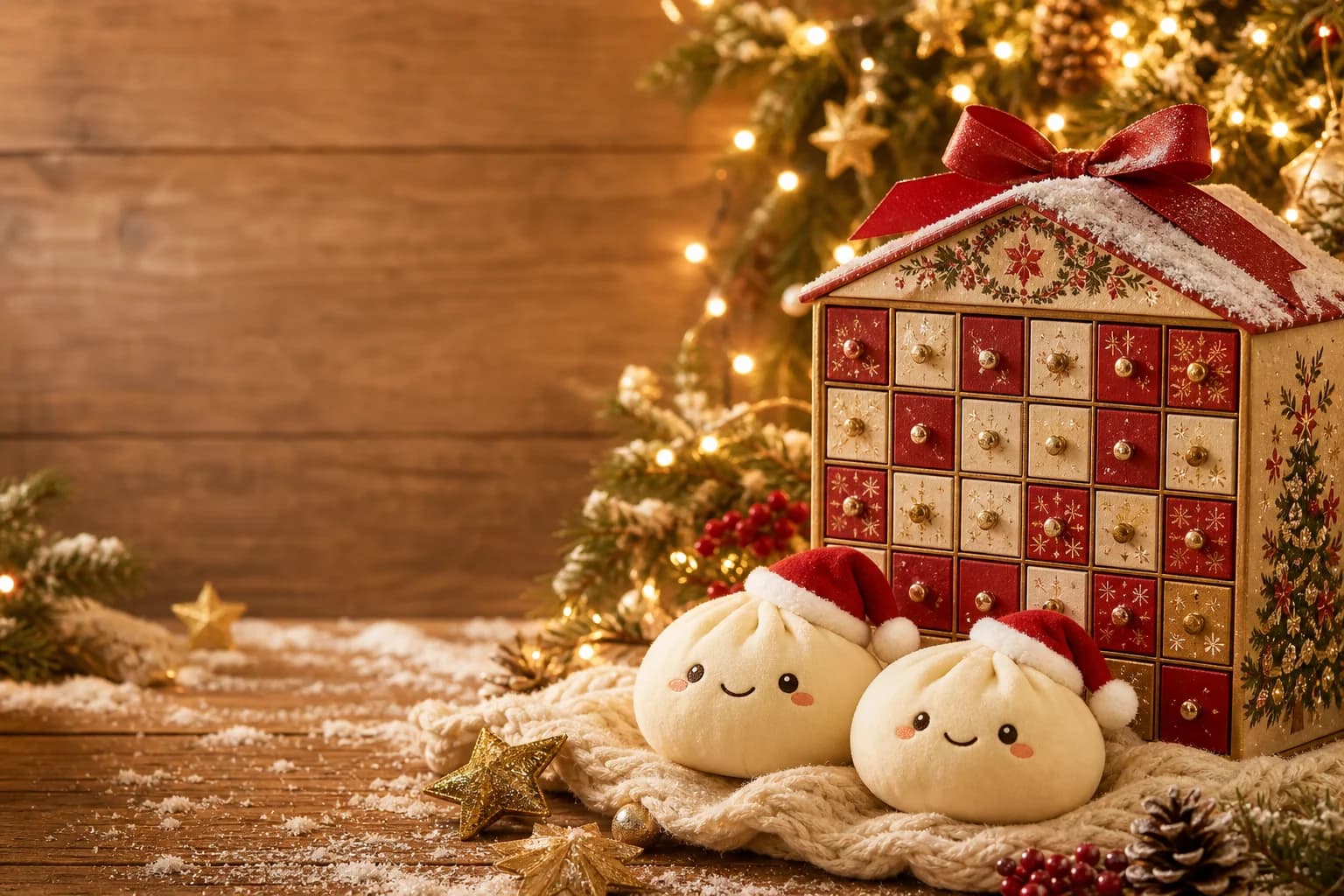 Christmas Dumpling Advent Calendar surrounded by cozy holiday decor