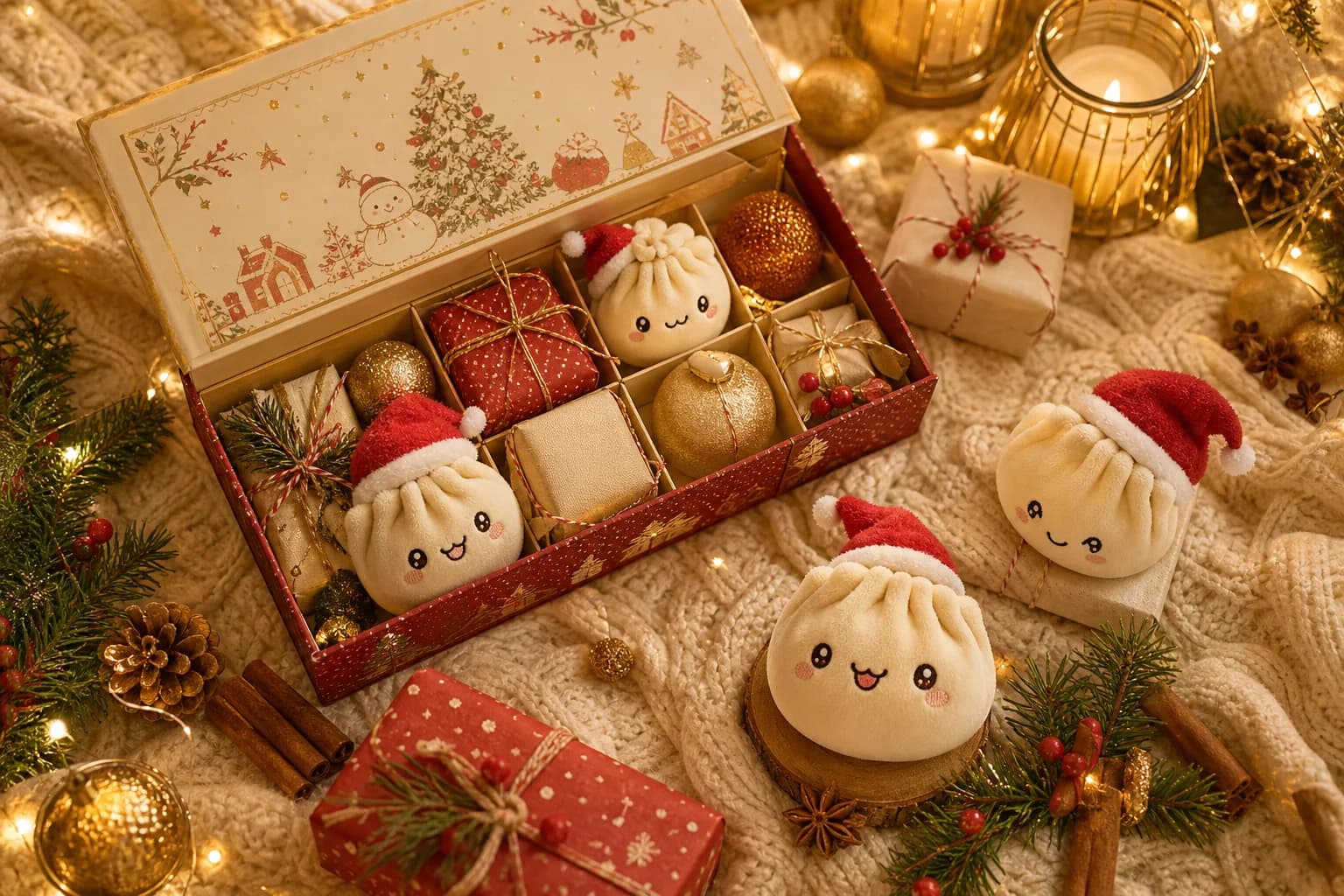 Cozy flat-lay of the advent calendar surrounded by holiday decor